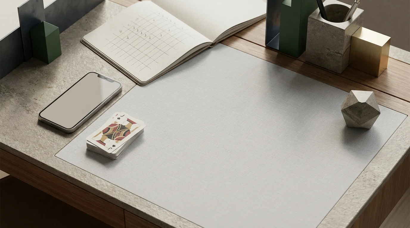 Analytische Illustration eines Casino-Tests mit Smartphone, Karten und dezenten Deutschland-Elementen