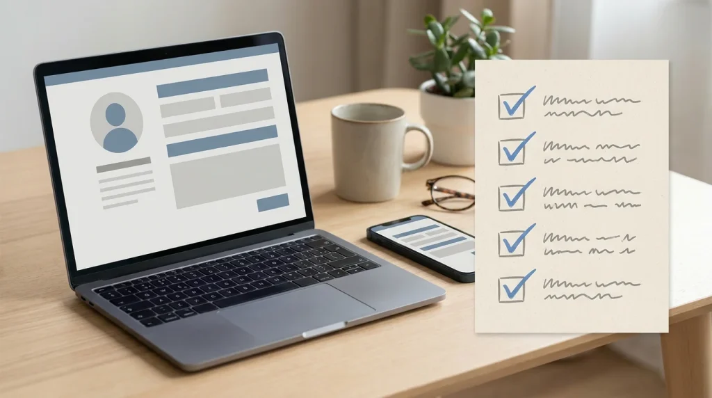 Neutrale Registrierungs-Checkliste auf Laptop und Smartphone ohne Wingaga-Markenoberfläche