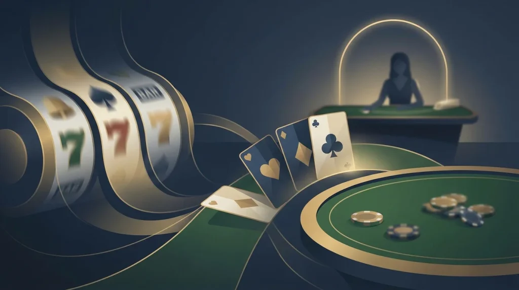 Abstrakte Casino-Szene mit Slotwalzen, Spielkarten und einer neutralen Live-Dealer-Fläche ohne Marken oder Spieltitel