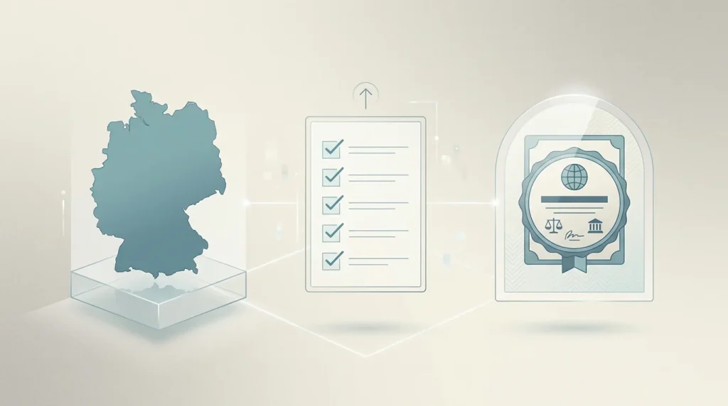 Neutrale Regulierungsdarstellung mit Deutschland, Prüfliste und separatem Symbol für eine ausländische Lizenz