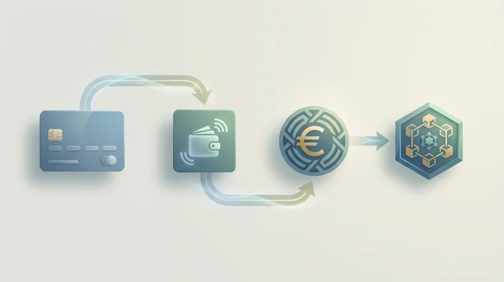 Abstrakte Darstellung eines Zahlungsflusses mit Euro, Karte, digitaler Wallet und Krypto-Symbolen